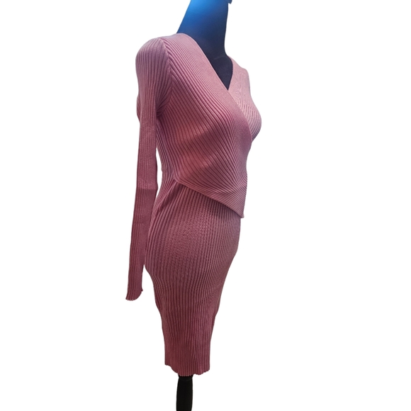 NWT Tam Ware Surplice Wrap Bodycon Knit Midi Dress Pink Medium - Picture 4 of 6
